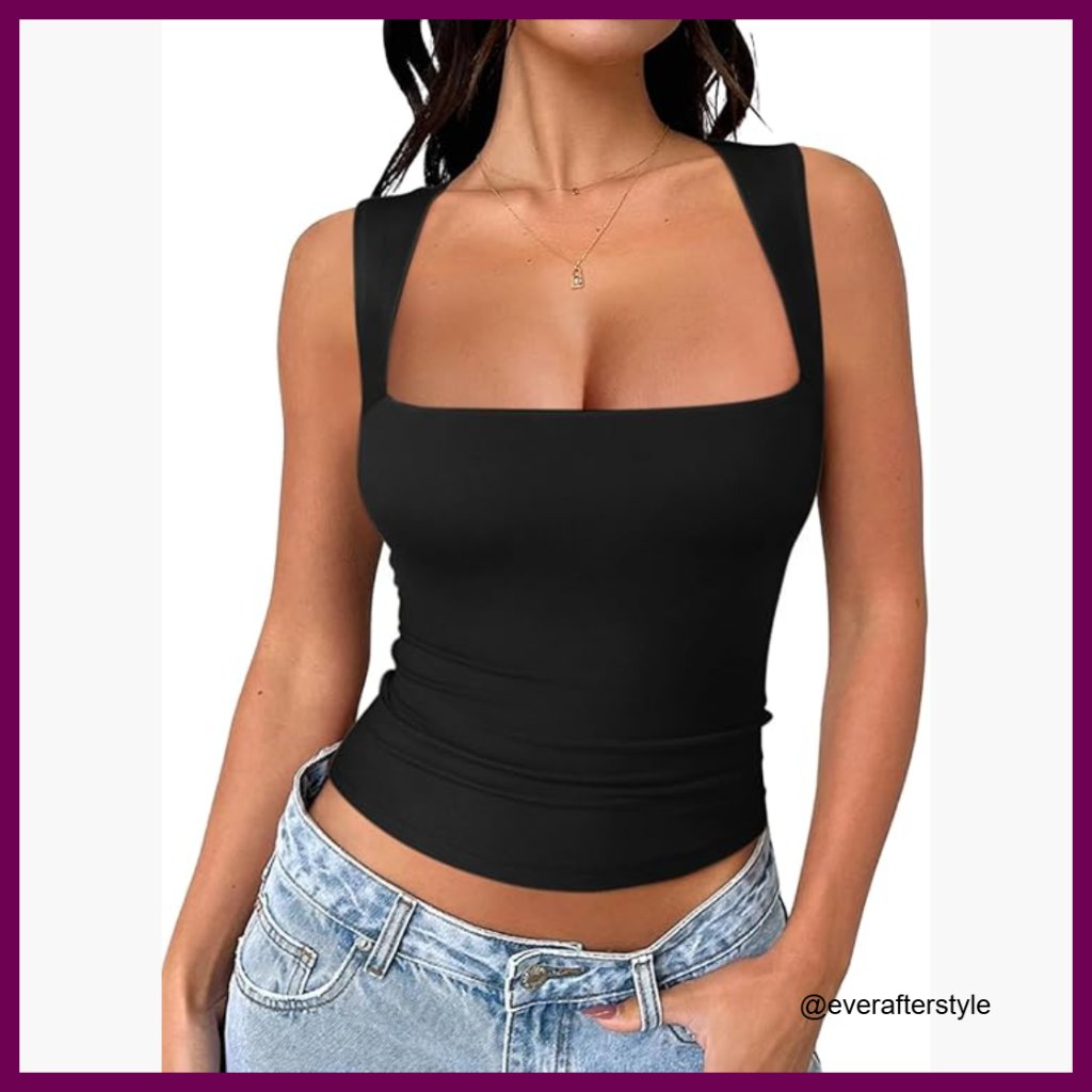 Double Lined Square Neck Crop Top Polyester Blend Tank